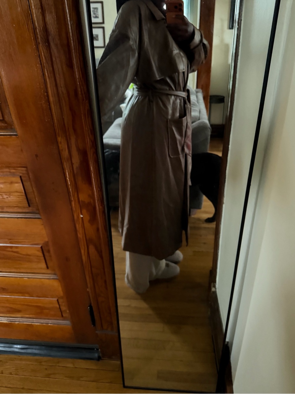AKIRA Brown Leather Trench Coat with Belted Waist